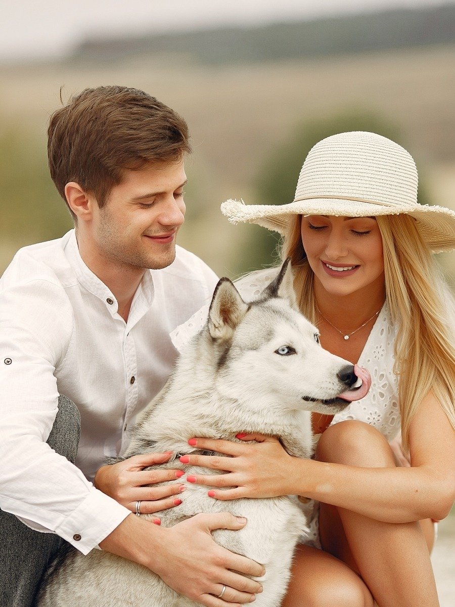 Couple in a field. Pair with a dog. Girl in a white dress